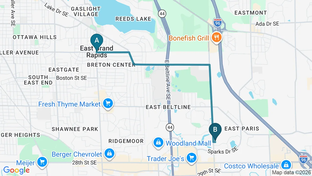 Driving directions map from East Grand Rapids, MI to Greenland Advanced Oral Care in Grand Rapids