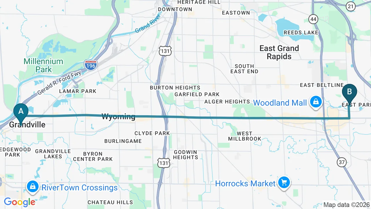Driving directions map from Grandville, MI to Greenland Advanced Oral Care in Grand Rapids